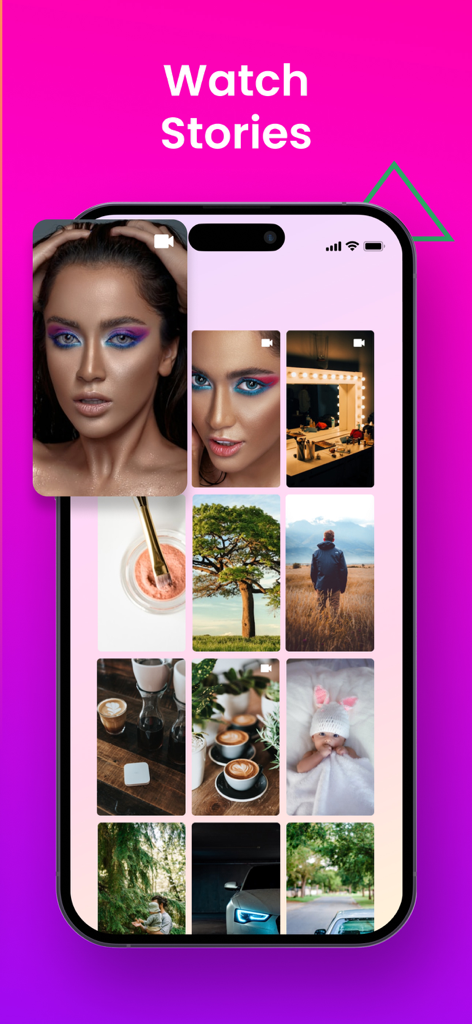 Tracker for Instagram MyFollow - Mobile app interface displaying a grid of Instagram stories for tracking and engagement analysis