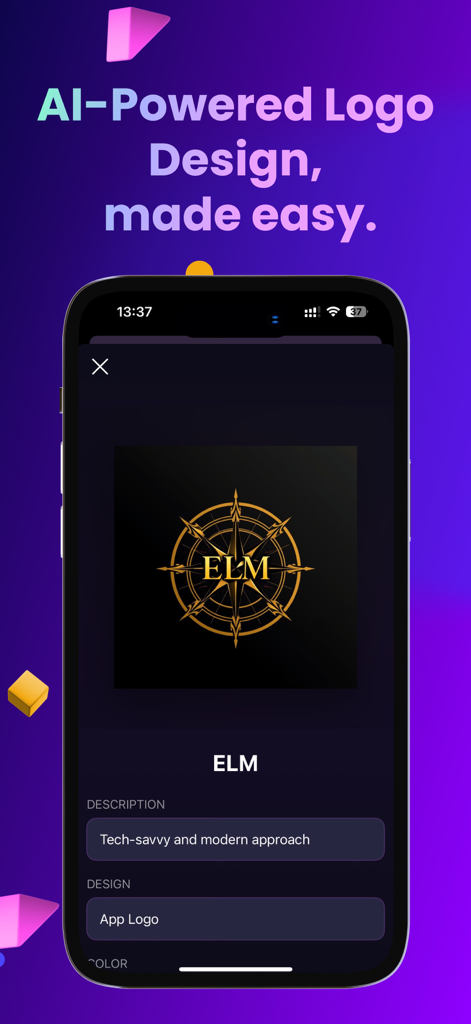 Easy Logo Maker Ai - Smartphone, das die Easy Logo Maker AI-Oberfläche mit einem professionellen goldenen Logo-Design anzeigt