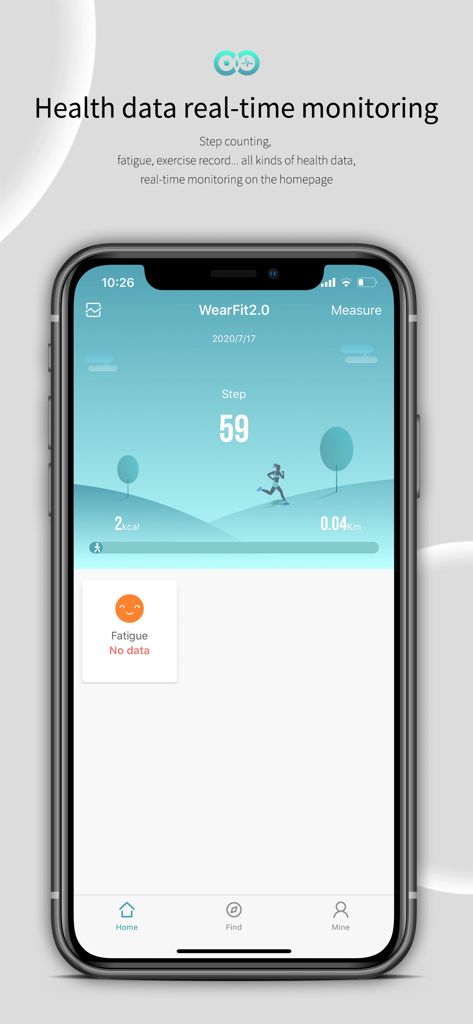 WearFit 2.0 app dashboard showing real-time health monitoring and step counter