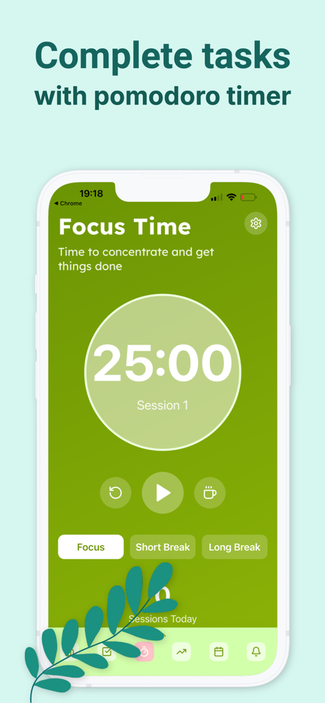 ADHD: Planner & Lifehacks - 25分に設定された緑色のポモドーロフォーカスタイマーを示すモバイルアプリインターフェース