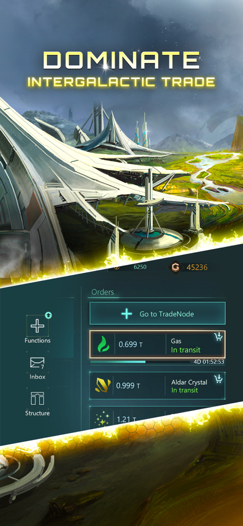 Stellaris: Galaxy Command - A screenshot of Stellaris Galaxy Command showing the intergalactic trade management menu with resource orders and futuristic art