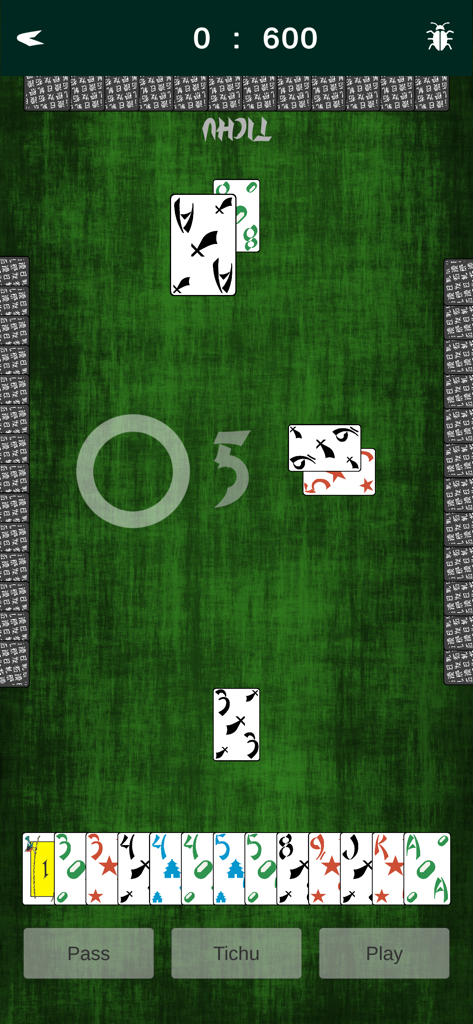 Tichu one - Gameplay screenshot of Tichu one card game showing the player hand and a green felt table