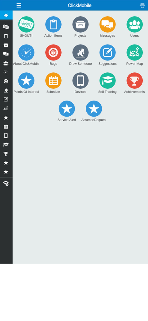 ClickMobile Touch - Main dashboard of ClickMobile Touch app featuring icons for task management and scheduling