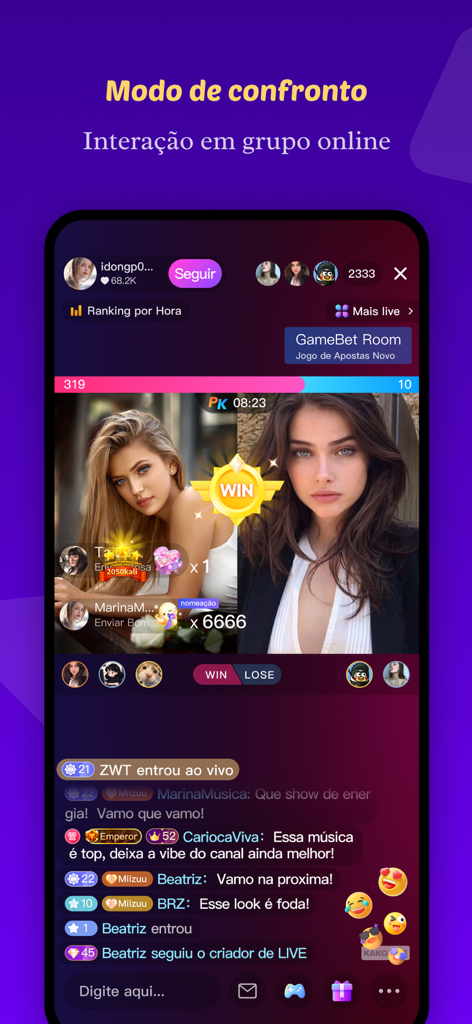 Kako: Live, Vídeo & Chat - リアルタイムのコミュニティチャットを備えた2人のストリーマーを示すKakoアプリの分割画面ライブバトルインターフェース。