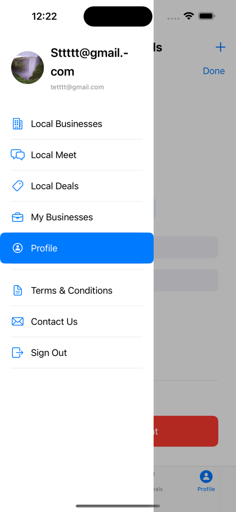 Menu di navigazione dell'app NextDoor Deals che mostra opzioni per aziende locali e offerte della comunità