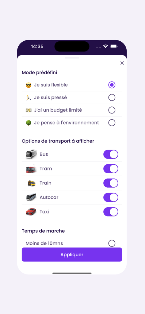 Weego: Move with ease - Weego app screen for setting travel preferences and choosing transport modes