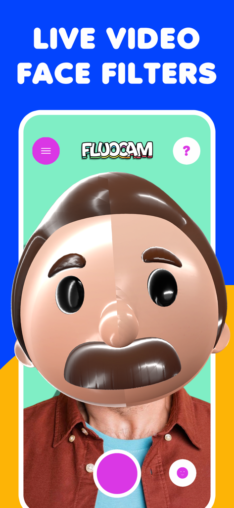 Funny face filters FluoCam - Una persona usando una divertida máscara facial de caricatura 3D en la aplicación FluoCam