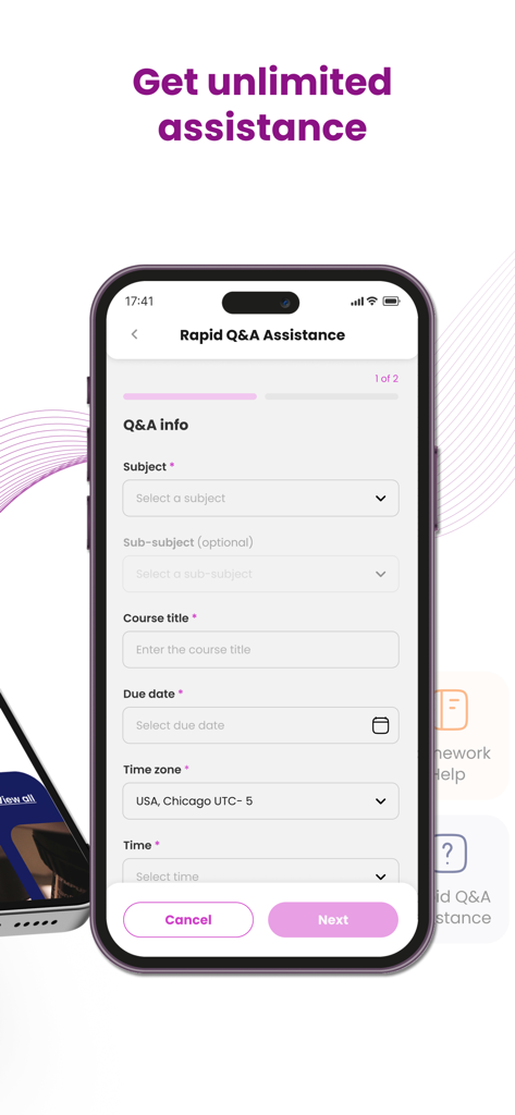OEG - Find Expert Tutors - Smartphone screen showing the OEG app Rapid Q&A Assistance form for requesting academic help with subjects and deadlines.