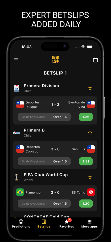 Over 1.5 Daily Betting Tips app showing a betslip with football predictions