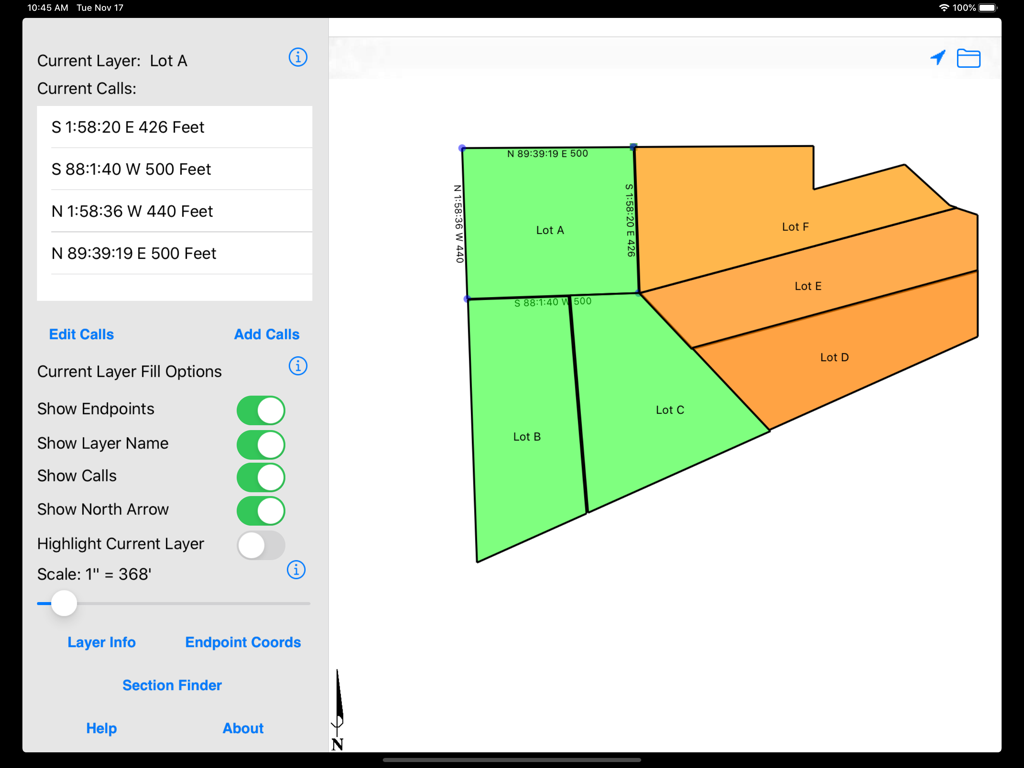 Metes and Bounds Pro - Metes and Bounds Pro app on iPad displaying multiple land lot drawings and survey calls