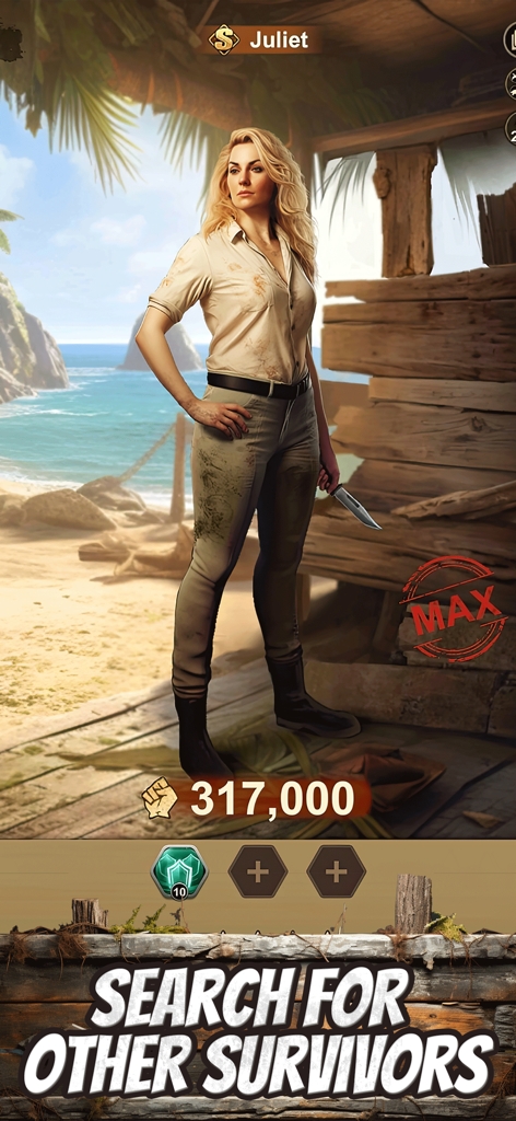 LOST in Blue 2 생존 게임의 열대 해변에서 칼을 들고 있는 줄리엣이라는 이름의 금발 여성 생존자