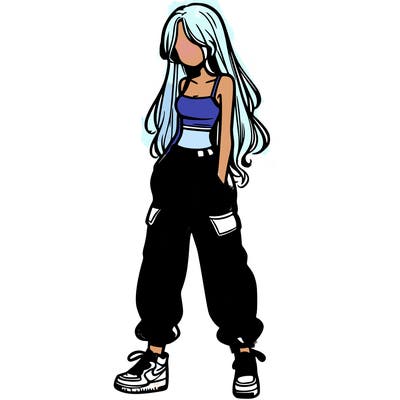 girl in baggy pants crop top and long hair