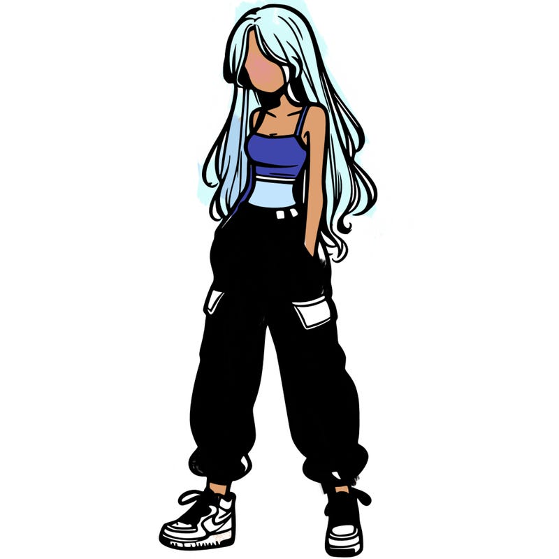 girl in baggy pants crop top and long hair
