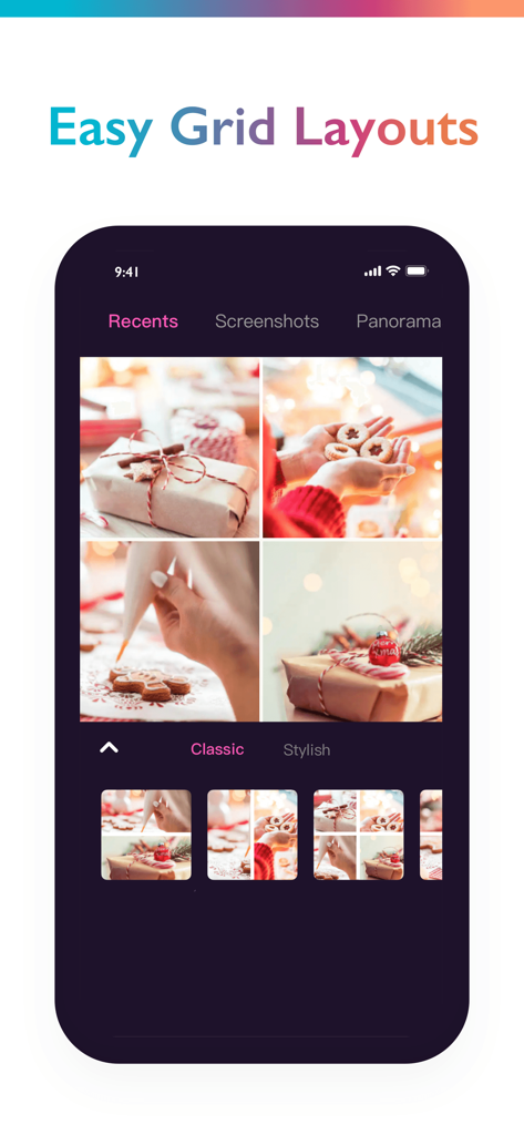 Captura de pantalla de iPhone de la aplicación Photo Collage Maker que muestra opciones de diseño de cuadrícula fáciles con un collage de cuatro fotos de repostería navideña