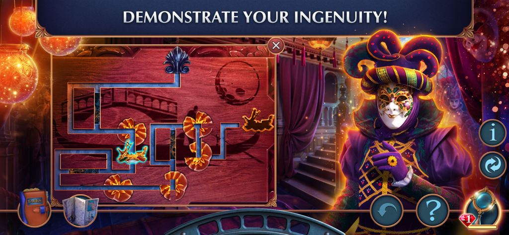 A character in a Venetian mask stands next to a wooden maze puzzle in the Magic City Detective game.