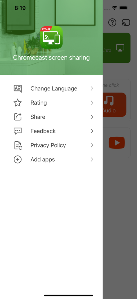 Screen Mirroring - Cast to TVs - Settings sidebar of Screen Mirroring app showing options for language rating and feedback