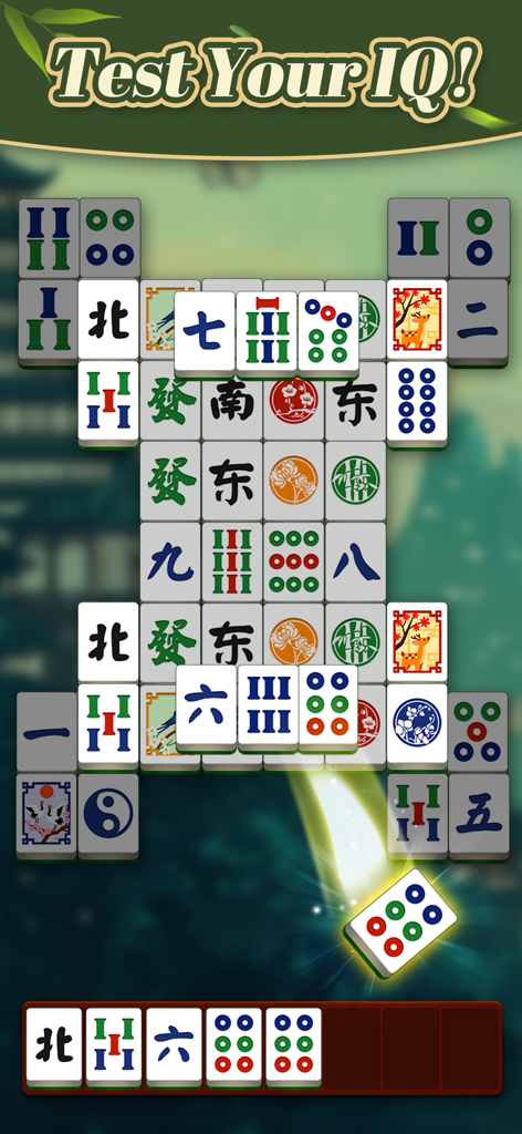 Classic Mahjong Match Master gameplay screen showing a tile matching puzzle with large symbols and the header Test Your IQ.