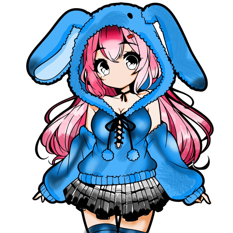 pretty anime girl wearing a fluffy hoodie with bunny ears on the hood and a skirt