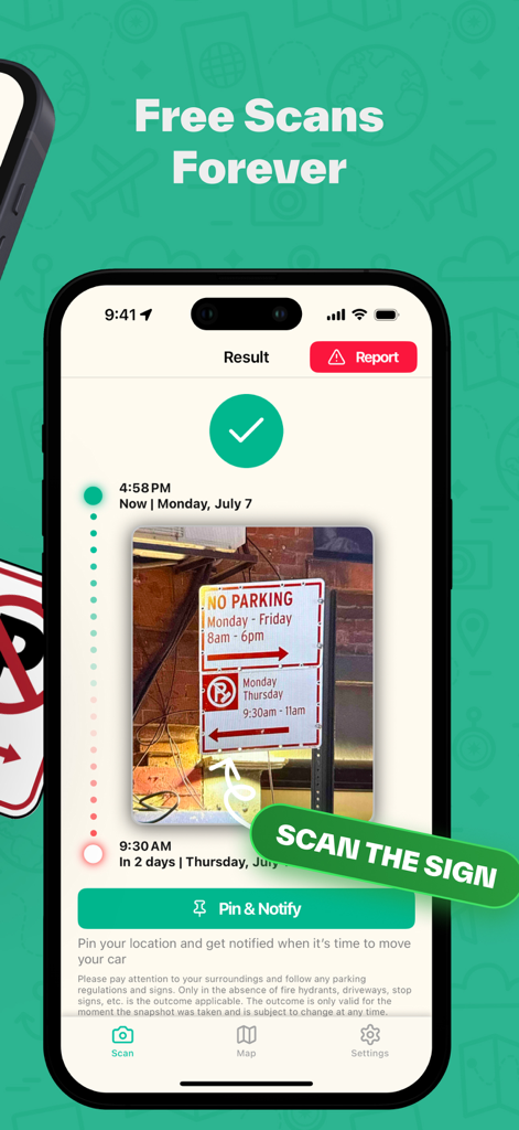 ParkUsher: Find Parking Easily - ParkUsher app interface showing an AI parking sign scan result with a green checkmark for legal parking