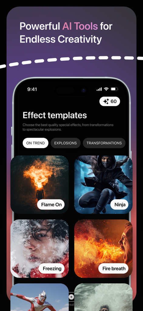 Lyma AI: Video Generator. - Lyma AI mobile app interface showing a variety of video effect templates including Flame On and Ninja.