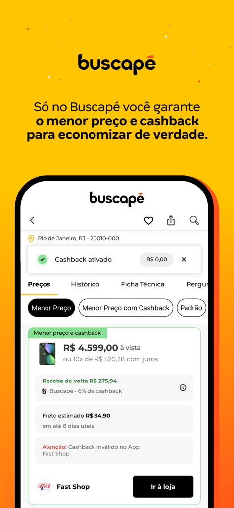 Buscape mobile app interface showing price comparison and cashback for a smartphone