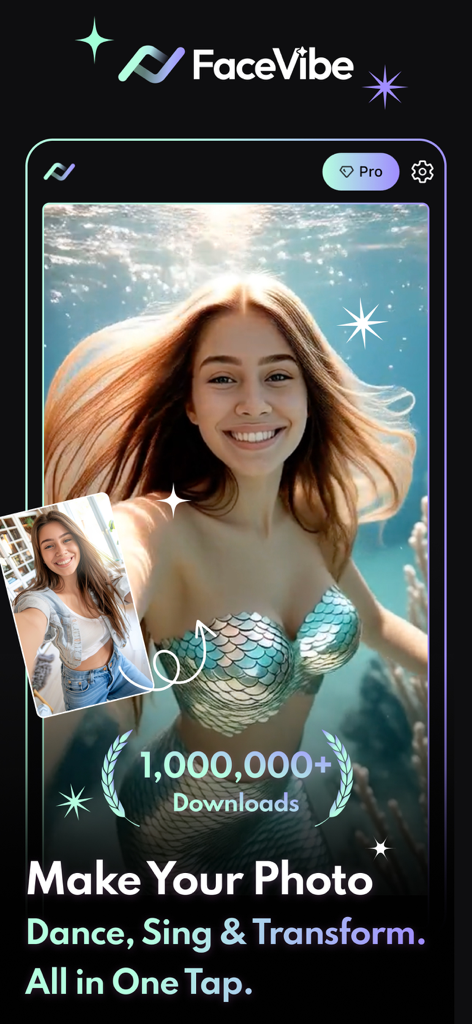 FaceVibe - AI Photo & Video - Transformação de foto com IA de uma mulher em uma sereia usando o aplicativo FaceVibe
