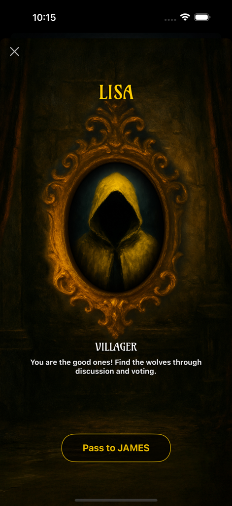 WOLF - Party Game - Role assignment screen in the WOLF party game showing the Villager character for a player named Lisa