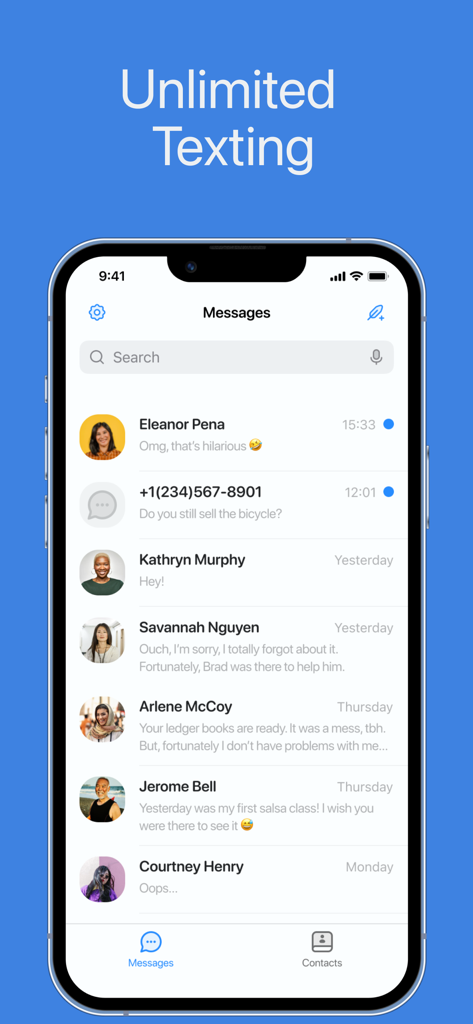 Interface de l'application Text Us montrant une liste de messages et l'en-tête Messagerie illimitée