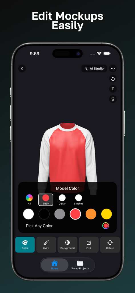 FitMockupアプリのモバイルインターフェース。3Dスウェットシャツの色カスタマイズツールが表示されています。