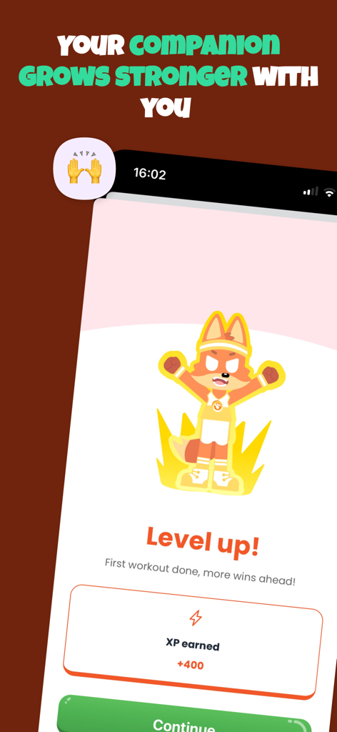 Gamified Workouts: Snapfit - A gamified fitness app screen showing a fox character leveling up after a workout and earning XP