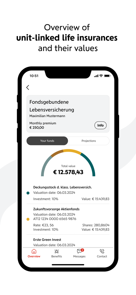 Screenshot dell'app losleben che visualizza i valori dell'assicurazione sulla vita collegata a unità e i dettagli degli investimenti.