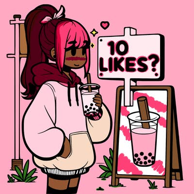 girl with oversized hoodie drinking boba and she has a high ponytail with a sign that says 10likes?