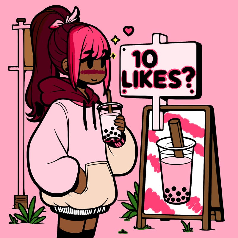 girl with oversized hoodie drinking boba and she has a high ponytail with a sign that says 10likes?