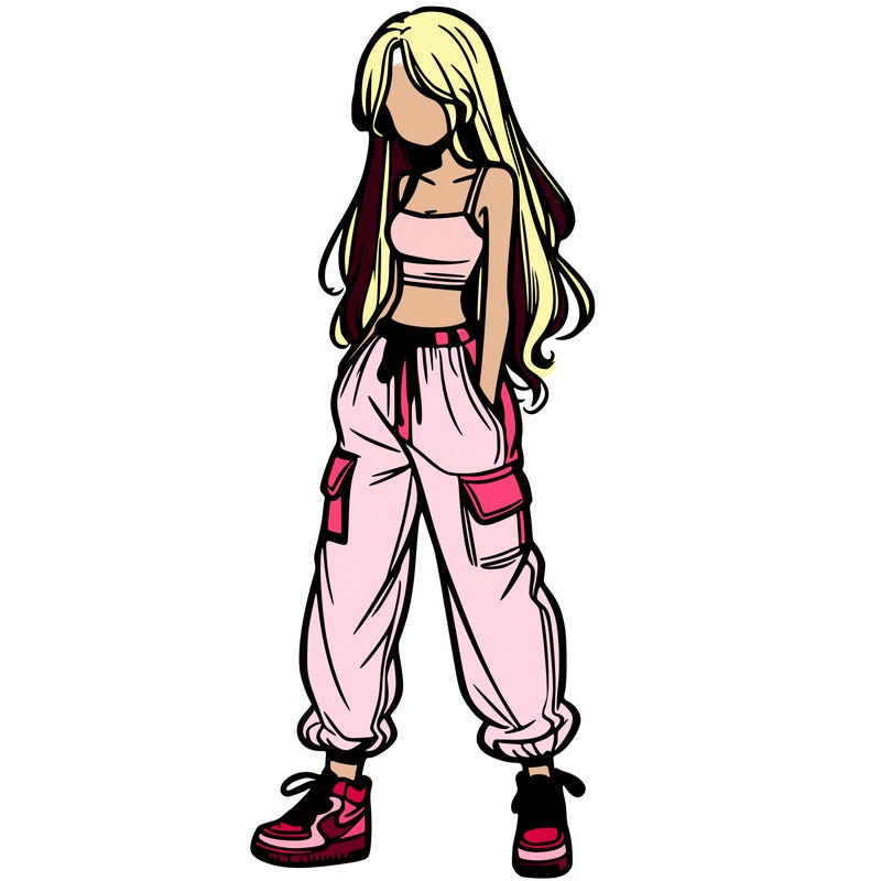 girl in baggy pants crop top and long hair