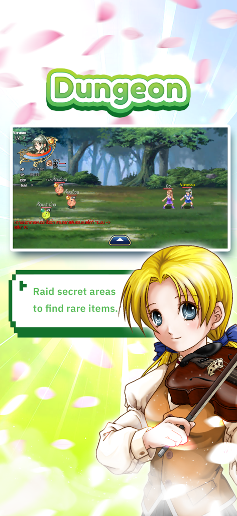 Wonderland M - A 2D turn-based RPG dungeon battle in Wonderland M featuring an anime girl character with a violin