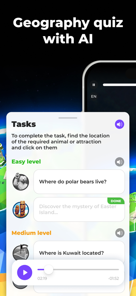 Globe Geography 3D: World Map - Screenshot eines Geografie-Quiz mit KI-Sprachausgabe, das Tier- und Ortsaufgaben für Kinder bietet.