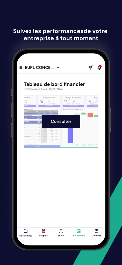 Financial dashboard interface in the RYDGE Conseil mobile app showing business performance metrics