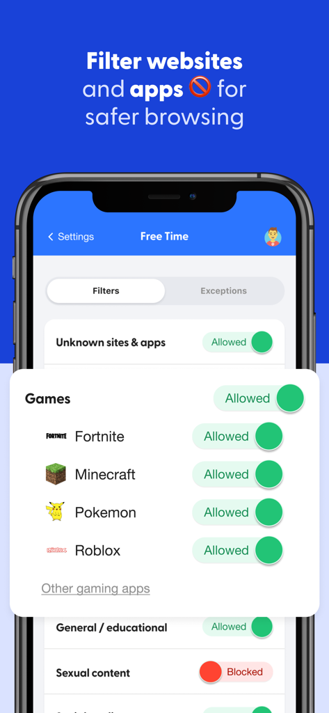 Screenshot of the Bark app showing website and app filtering settings to manage access to games and block adult content.