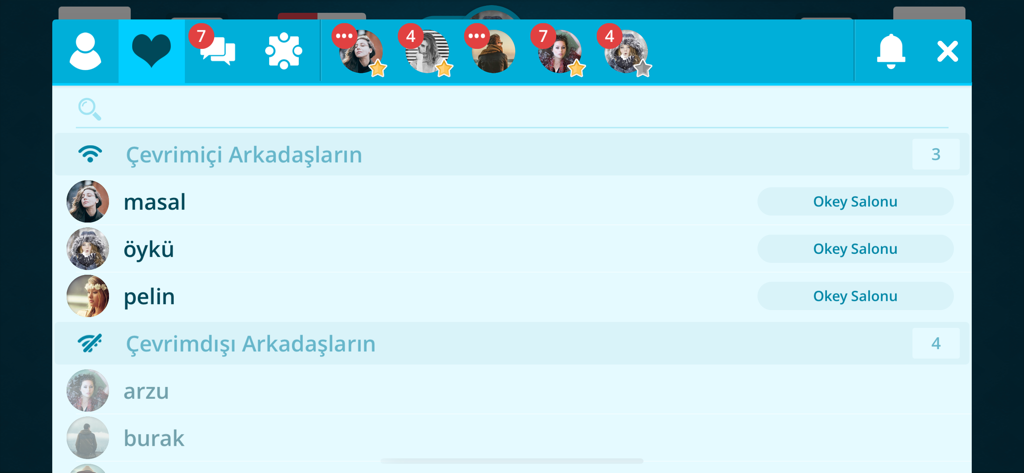 Friends list screen of the Okey and Banko app showing online and offline users