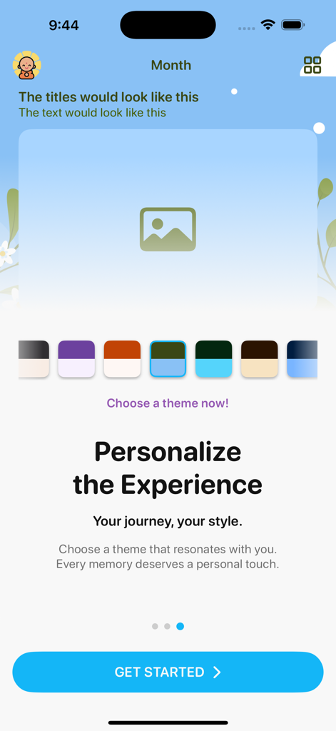 Gratitude by GratefulDay - Interface of the Gratitude by GratefulDay app showing theme personalization options and color selection