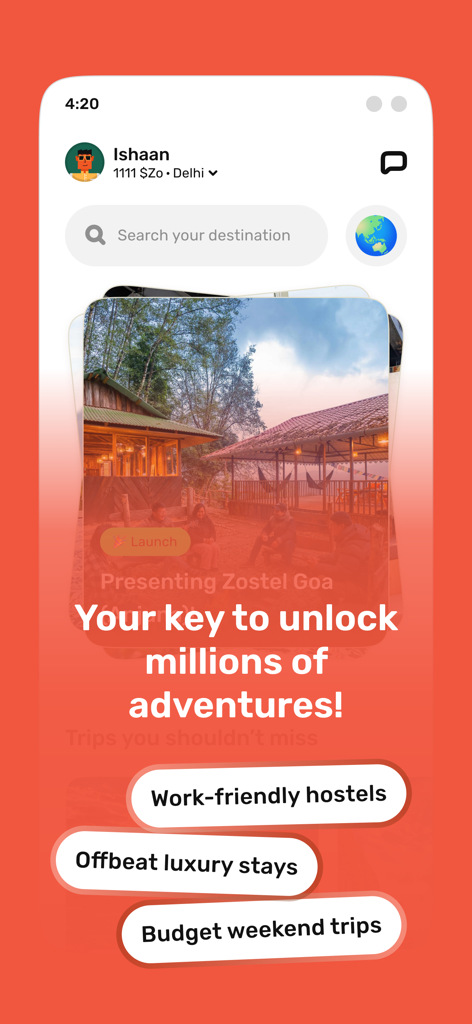 Zostel - Zo Trips - Zostel app interface showing travel stay categories like work friendly hostels and offbeat luxury stays