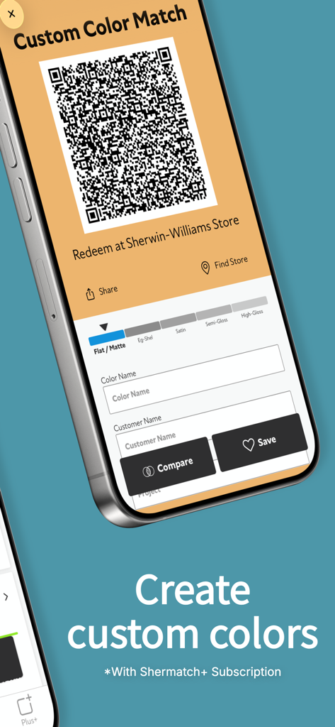 SherMatch+ - SherMatch plus app screen displaying a custom color match QR code for store redemption.