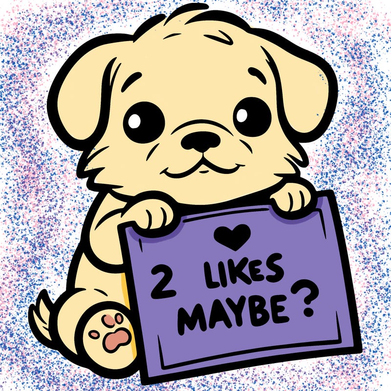 a puppy holding a sign that says 2 likes maybe?