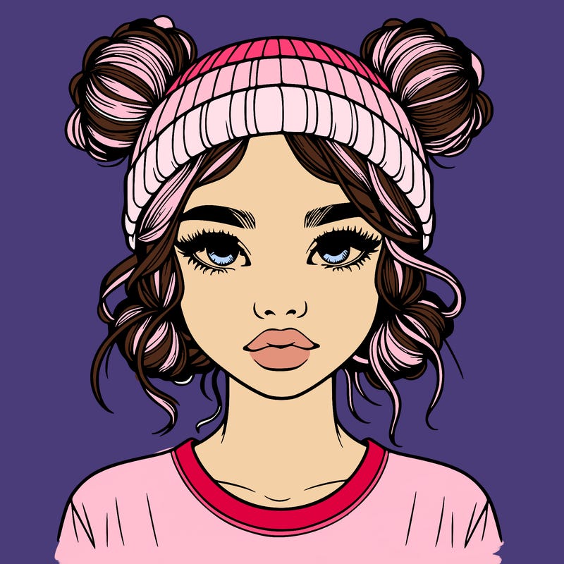 realistic girl with buns in her hair with a beanie on