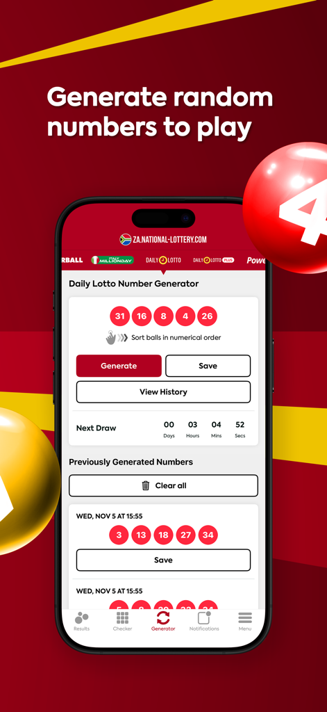 SA Lottery Results - A mobile phone displaying the random number generator feature for the Daily Lotto in the SA Lottery Results app
