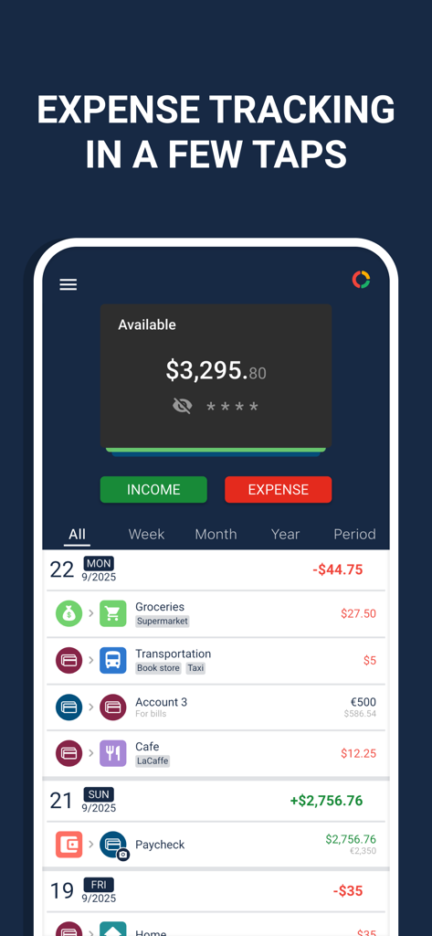 A minimalist mobile app screen for expense tracking showing available balance and a list of daily transactions