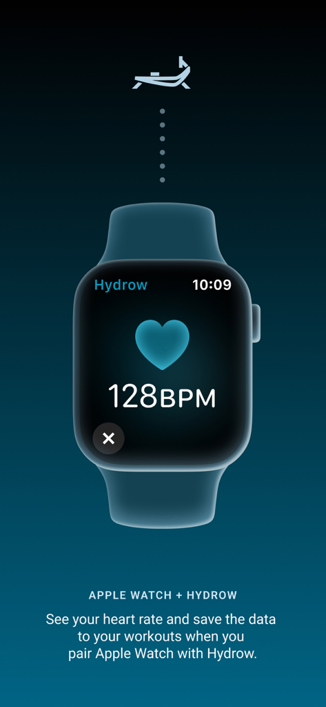 Hydrow - An Apple Watch showing a heart rate of 128 BPM synced with the Hydrow app for rowing workouts.
