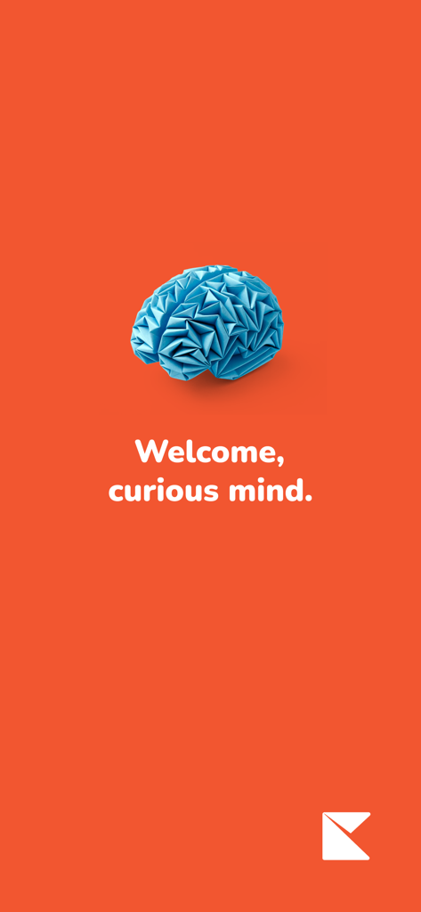 Kinnu learning app welcome screen with a blue origami brain on an orange background