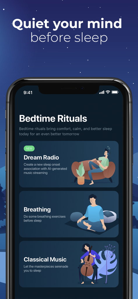 A smartphone screen showing the Sleepzy app's Bedtime Rituals section with options for Dream Radio, Breathing exercises, and Classical Music.