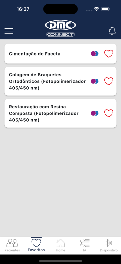 DMC Connect - La pantalla de favoritos de la aplicación DMC Connect que enumera los protocolos de tratamiento láser guardados para procedimientos dentales.